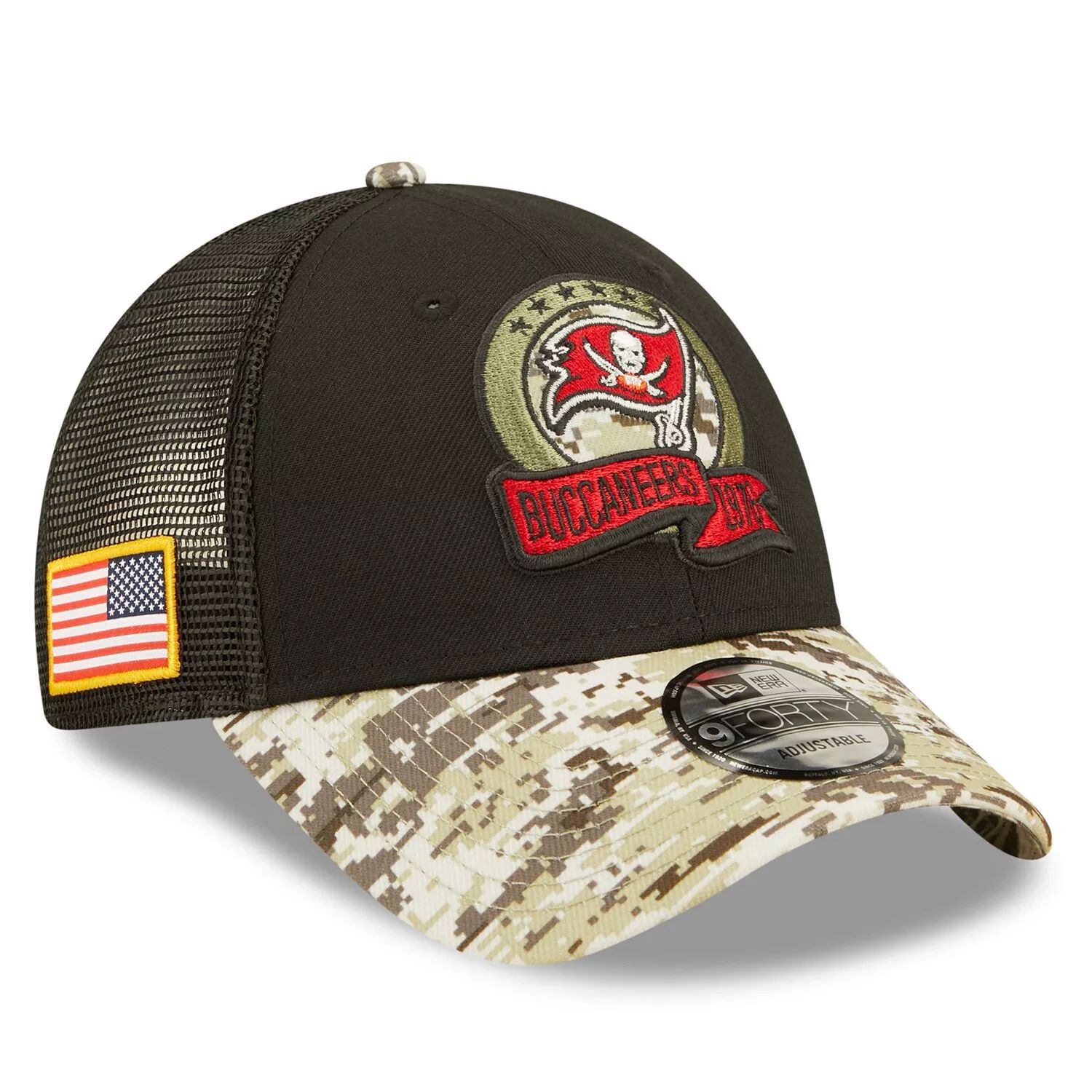 

Мужская кепка New Era Black/Camo Tampa Bay Buccaneers 2022 Salute To Service 9FORTY Snapback Trucker Hat