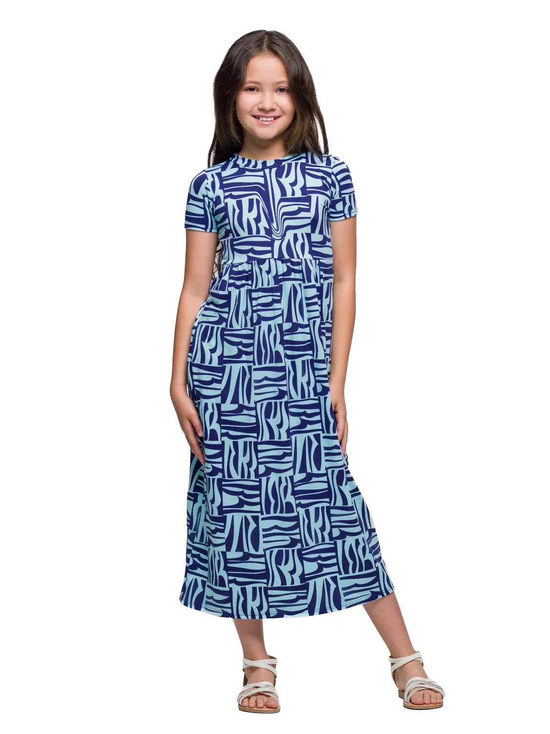24seven Comfort Apparel 24sevenkid Девочки, короткое платье-макси с рукавами, синее, с геометрическим принтом