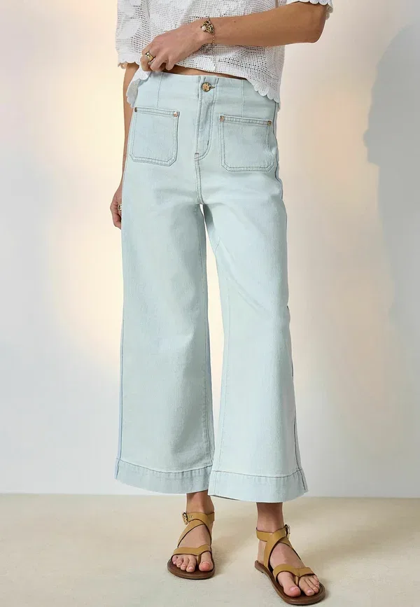 Джинсы Regular fit, Next, wide leg, с накладными карманами, укороченные, широкие, цвет выбеленный синий — фото 4