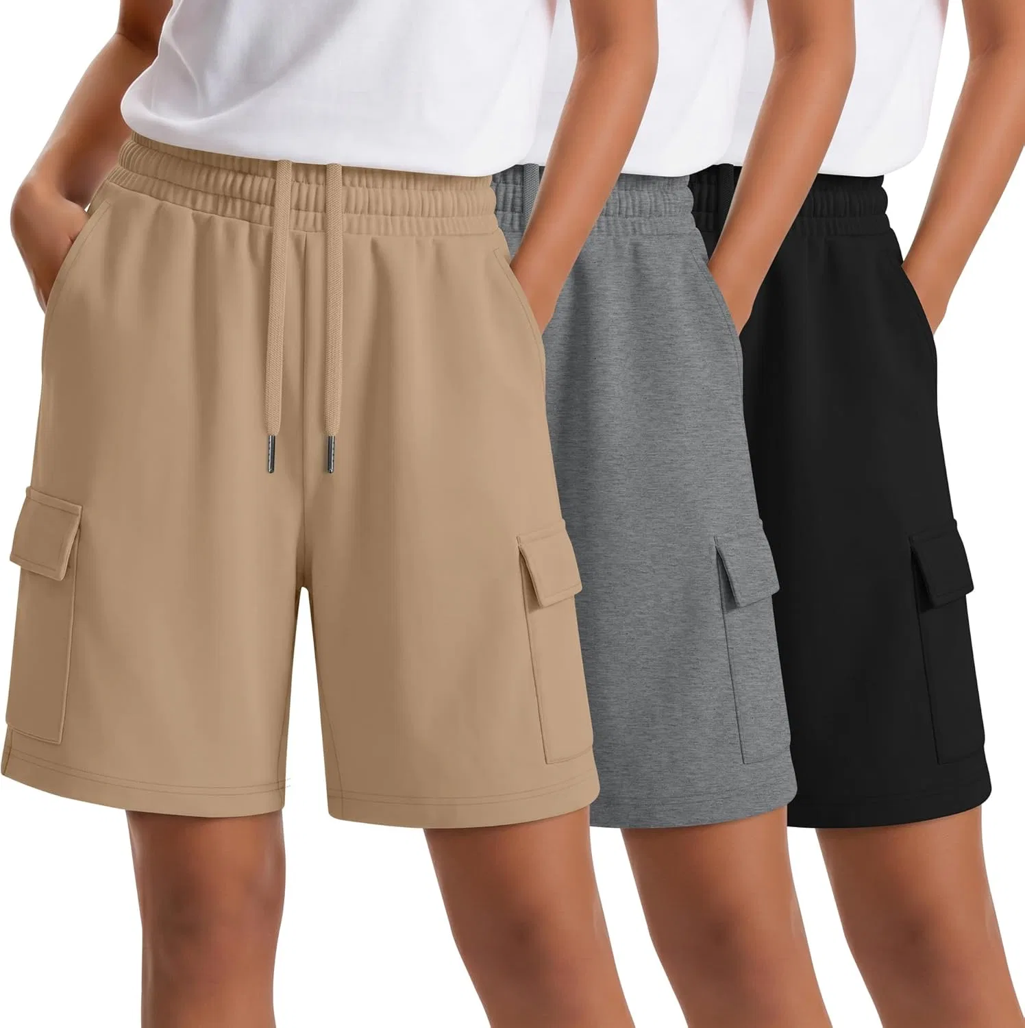 Детские бермуды карго, набор из 3 шт, Ficerd, Khaki, Light Heather Gray, Black
