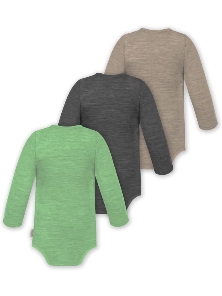 Normani Outdoor Sports Комплект из 3 детских боди с длинными рукавами из мериносовой шерсти, цвет Окленд, бежевый/антрацитовый/зеленый — фото 2