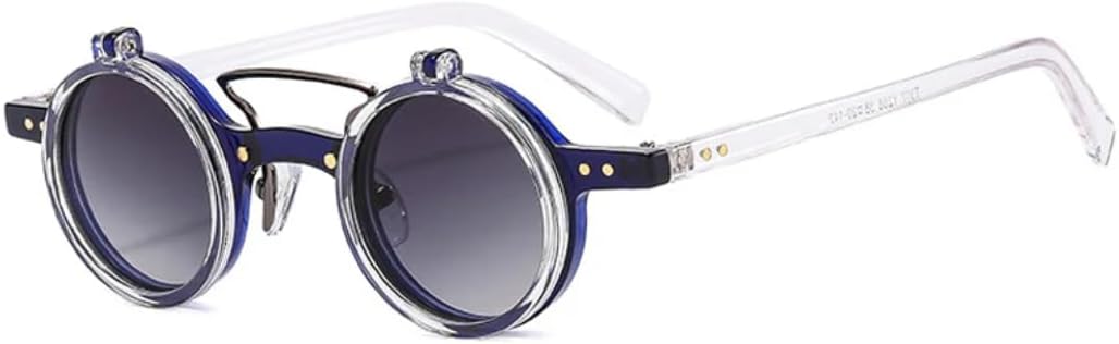 

Популярные модные маленькие круглые панк-солнцезащитные очки с двойной перемычкой для женщин, ретро-очки с откидными линзами, защита от УФ-излучения UV400, мужские очки с заклепками UUPTTPL, Blue Clear Gray