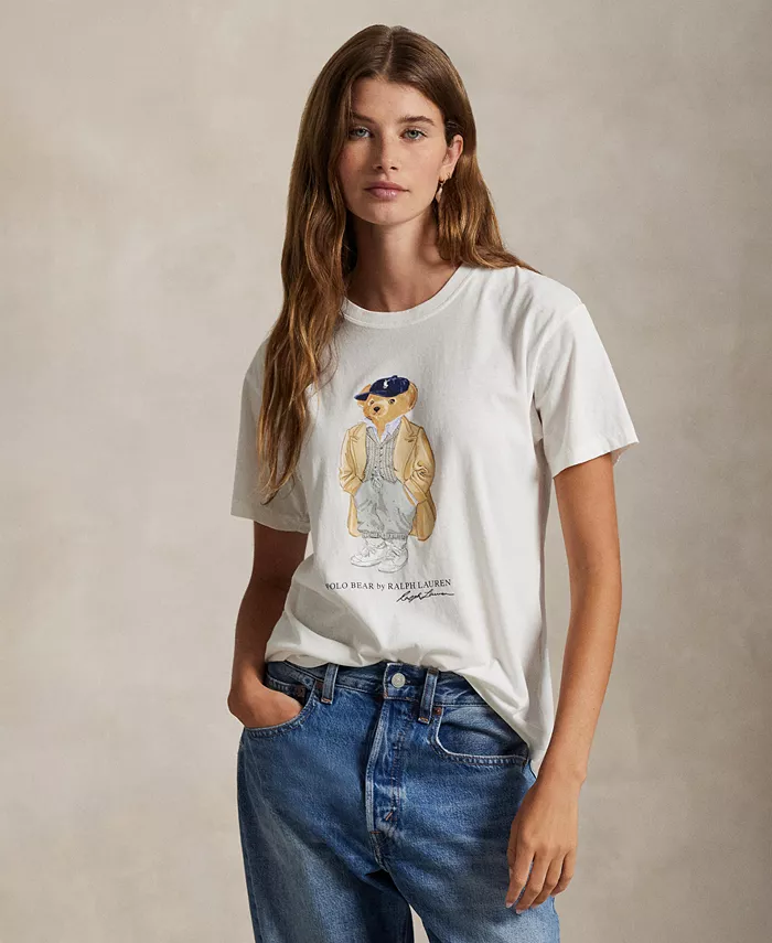 

Женская футболка с круглым вырезом и принтом медведя Polo Ralph Lauren, слоновая кость/кремовый