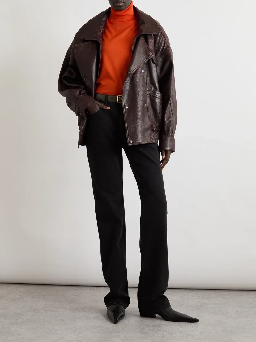 Удлиненная двубортная кожаная куртка с вставками SAINT LAURENT, коричневый — фото 2