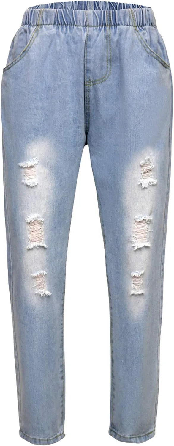 

Женские джинсы с эластичной талией и потертостями