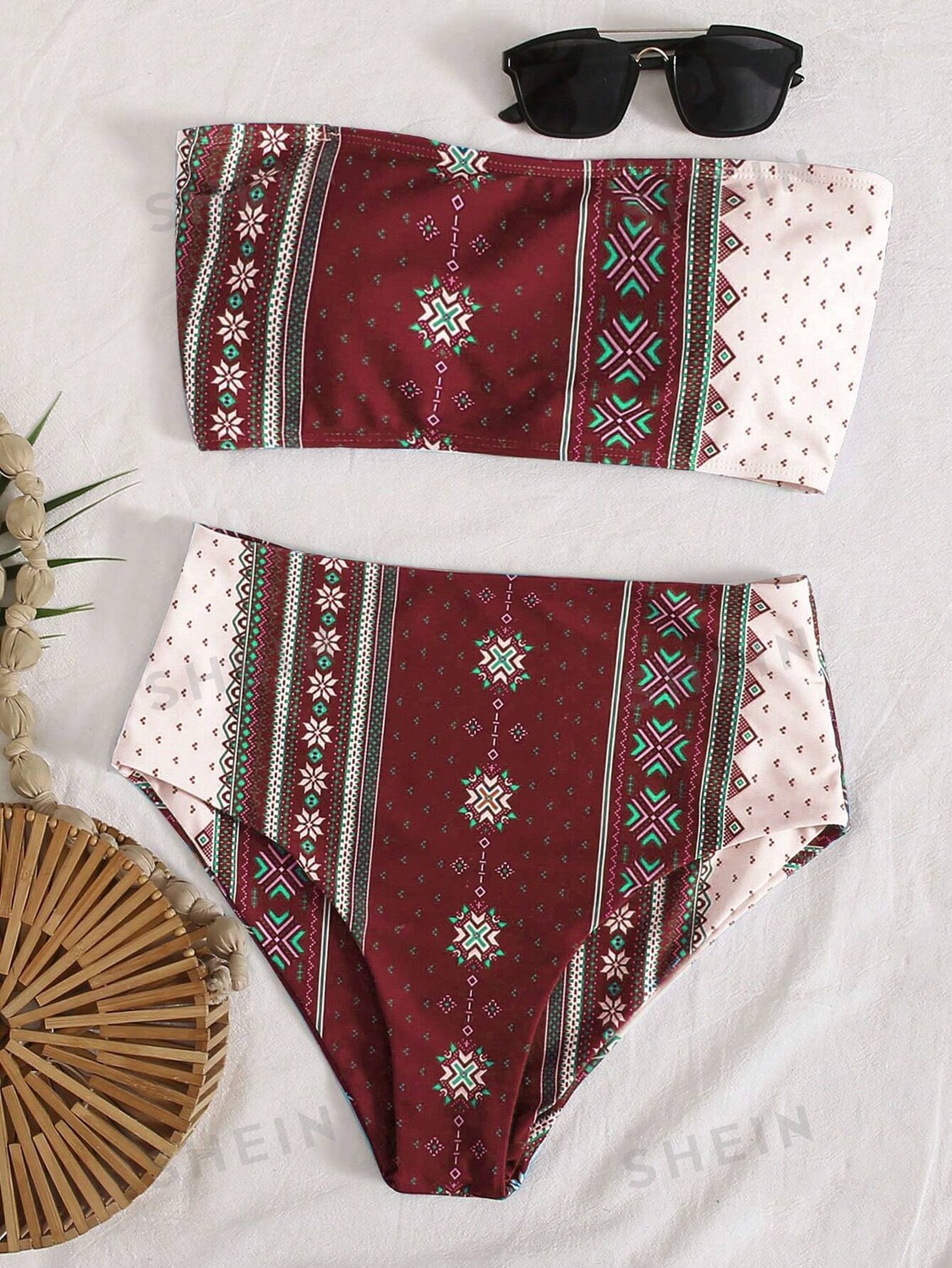 

Купальник Shein Swim BohoFeel с геометрическим принтом, красно-розовый