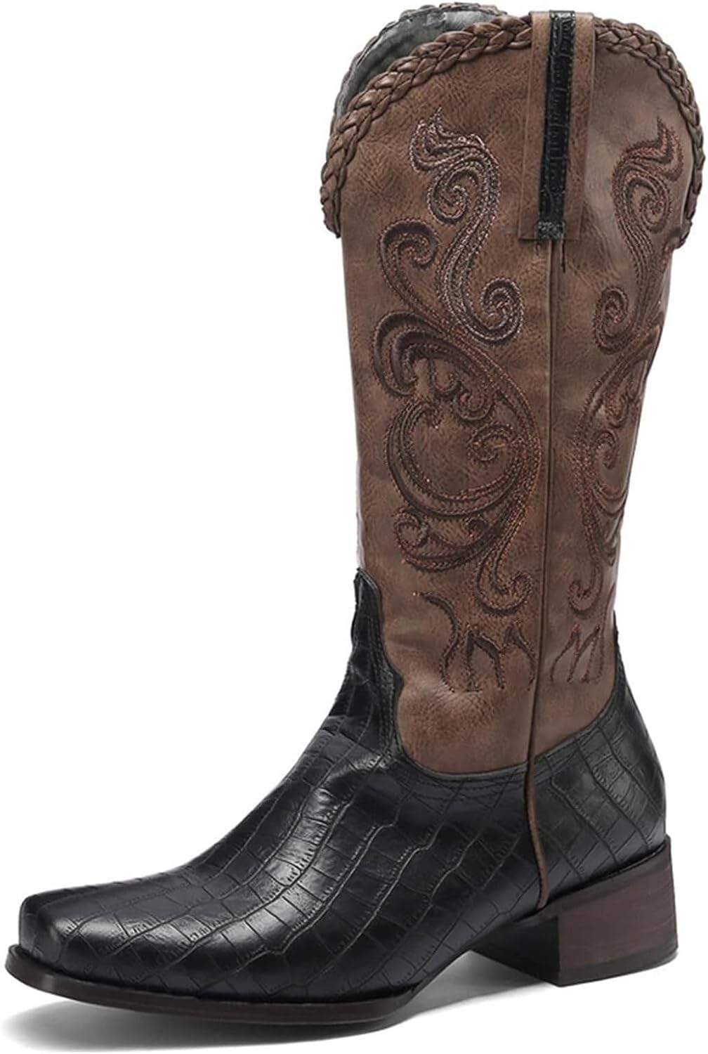 

Мужские ковбойские ботинки в западном стиле, с квадратным носком, вышивкой и прочные ботинки Generic, черный