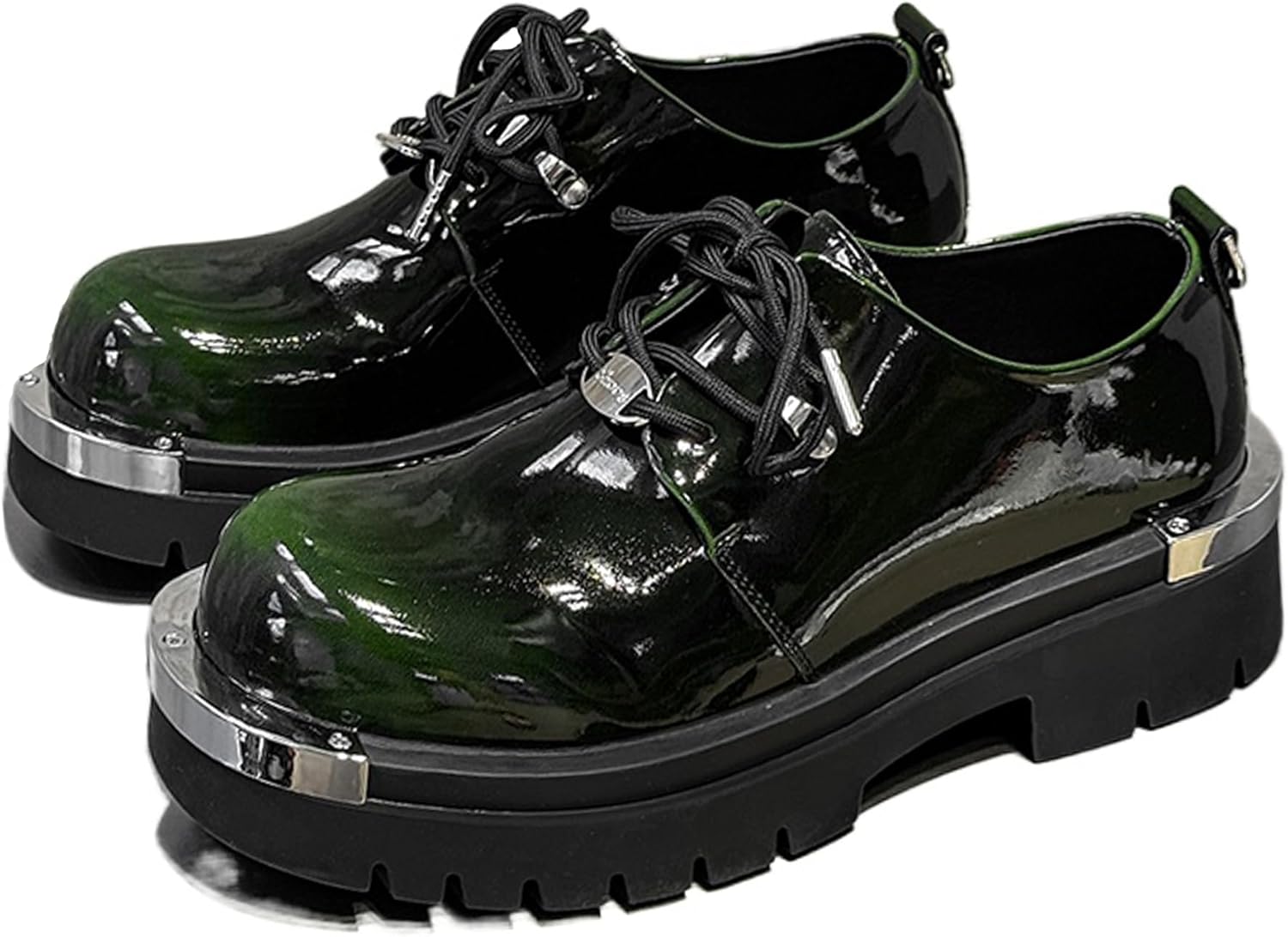 

Мужские оксфорды на платформе из лакированной кожи с градиентной металлической пластиной, широкий круглый носок, шнуровка, противоскользящая рельефная подошва, увеличенная высота, дерби, повседневные и деловые туфли Crazysavage, зеленый