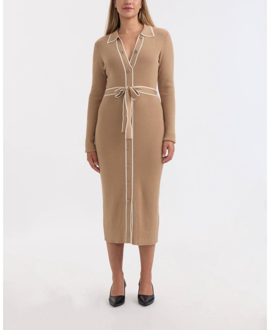 

Женское длинное платье на пуговицах с контрастной отделкой Ellen Tracy, Camel