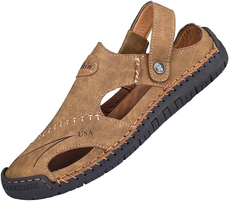 

Мужские кожаные сандалии-рыбаки с закрытым носком, спортивные сандалии с вырезами, слипоны, римские повседневные летние пляжные шлепанцы Salkin, хаки