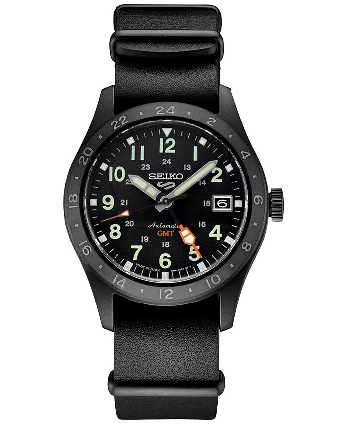 

Мужские автоматические часы 5 Sports GMT с черным кожаным ремешком, 39 мм Seiko, черный