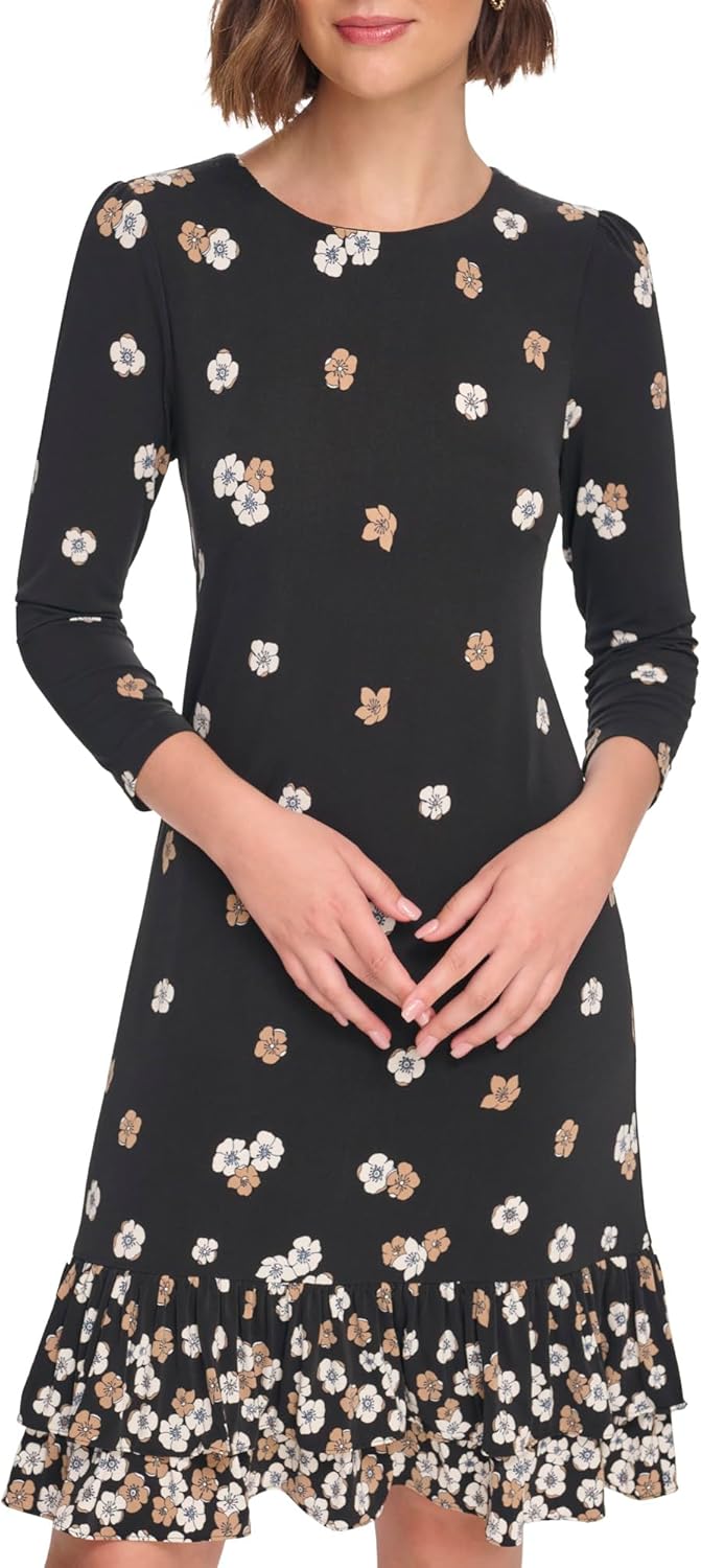 

Женское трикотажное мини-платье Tommy Hilfiger с рукавами 3/4, высоким воротом и оборками, Black/Cream