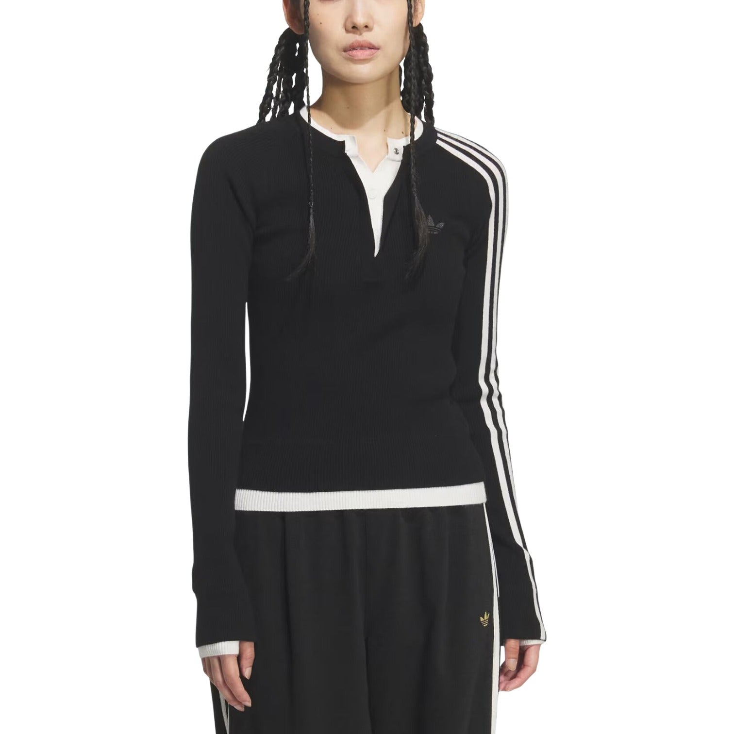 (WMNS) Толстовка Adidas Premium 3S на пуговицах, черная — фото 2