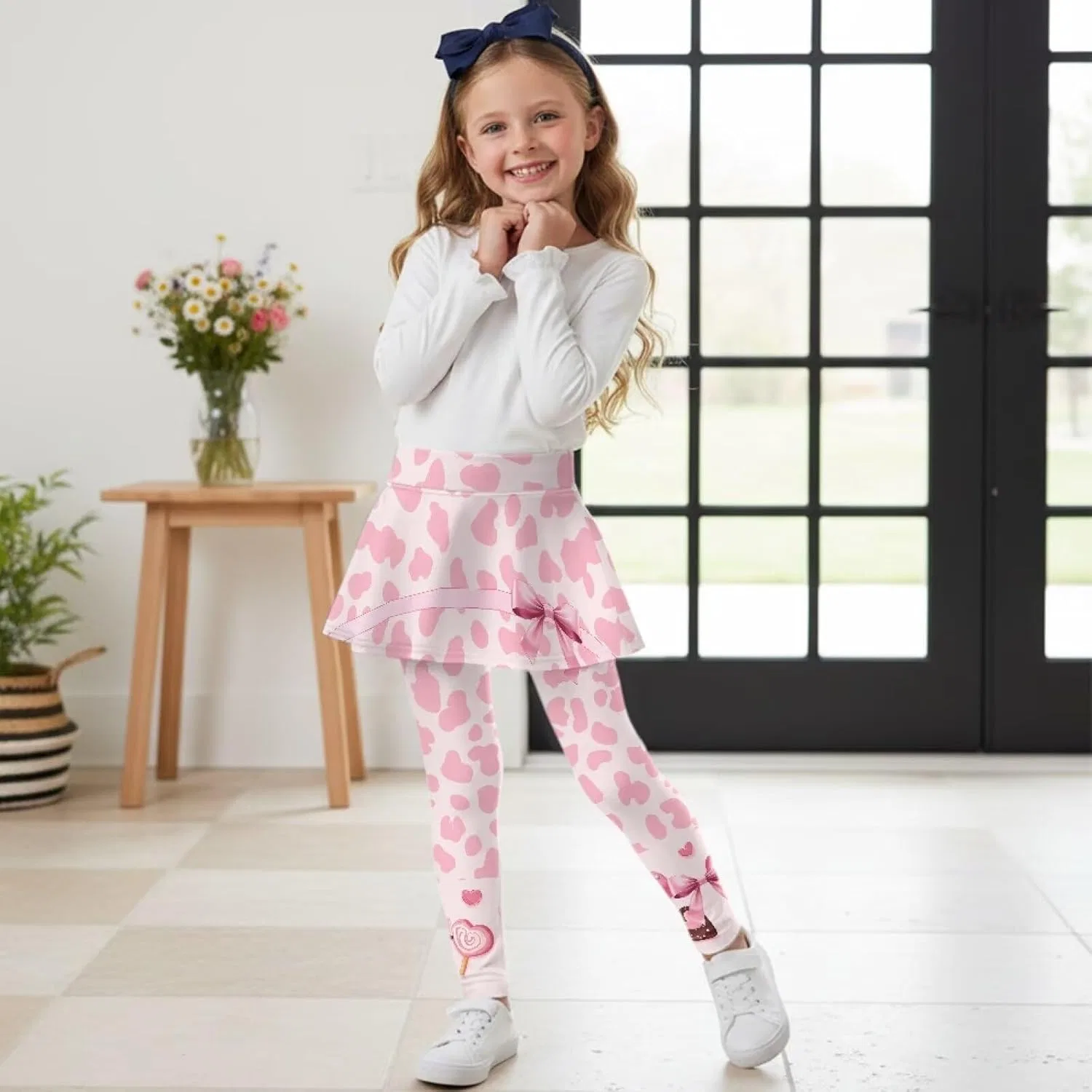Леггинсы с юбкой для девочек Hresuewn, 2-в-1, Pink Heart Leopard Print Dessert — фото 4