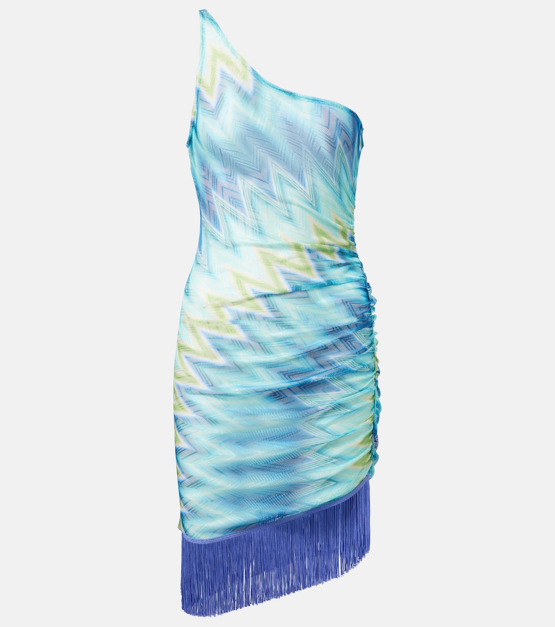 

Мини-платье с зигзагообразной бахромой из шифона Missoni, Blue and green macro chevron