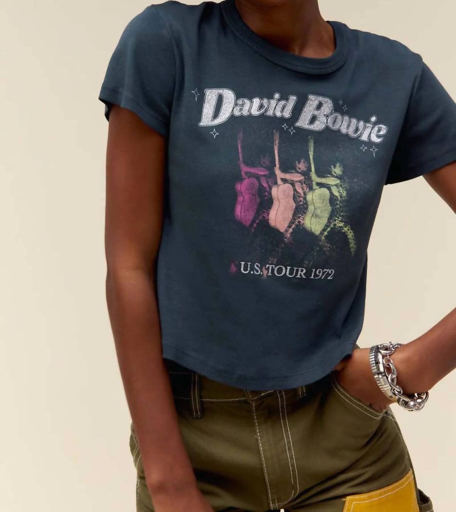 

Футболка Дэвида Боуи Us Tour 1972 года Shrunken Tee Top в винтажном черном цвете DAYDREAMER