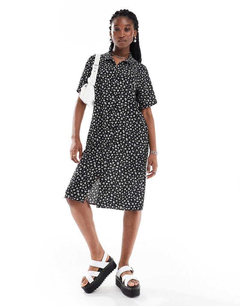 

Monki – черное платье-рубашка миди с мелким белым цветочным узором