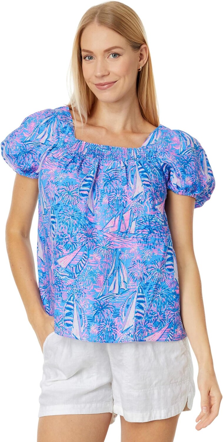 

Топ Lilly Pulitzer Keating Short Sleeve Linen, цвет OCA Blue It's a Sailabration