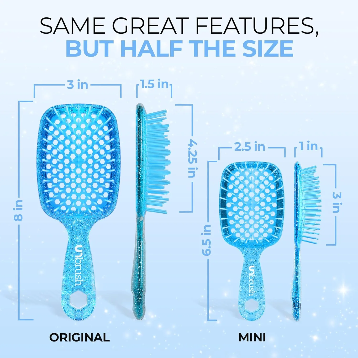 Мини-расческа FHI Heat UNbrush для легкого расчесывания влажных и сухих волос - прочные антистатические щетинки Duoflex, легкая ручка, Sapphire Blue — фото 3