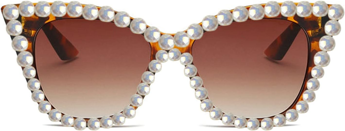 

Willochra Женские солнцезащитные очки большого размера с жемчужными блестками, оправа «кошачий глаз», модные дизайнерские женские очки с защитой от УФ-излучения, Leopard