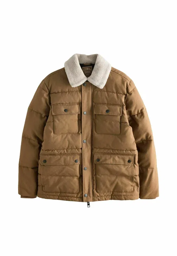 Куртка зимняя Next Regular fit worker puffer with borg collar, коричнево-бежевый — фото 4