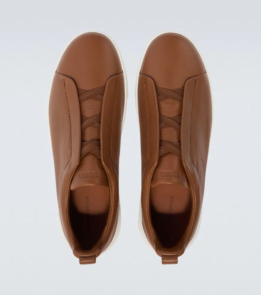 Кожаные кроссовки с тройной строчкой Zegna, коричневый — фото 4