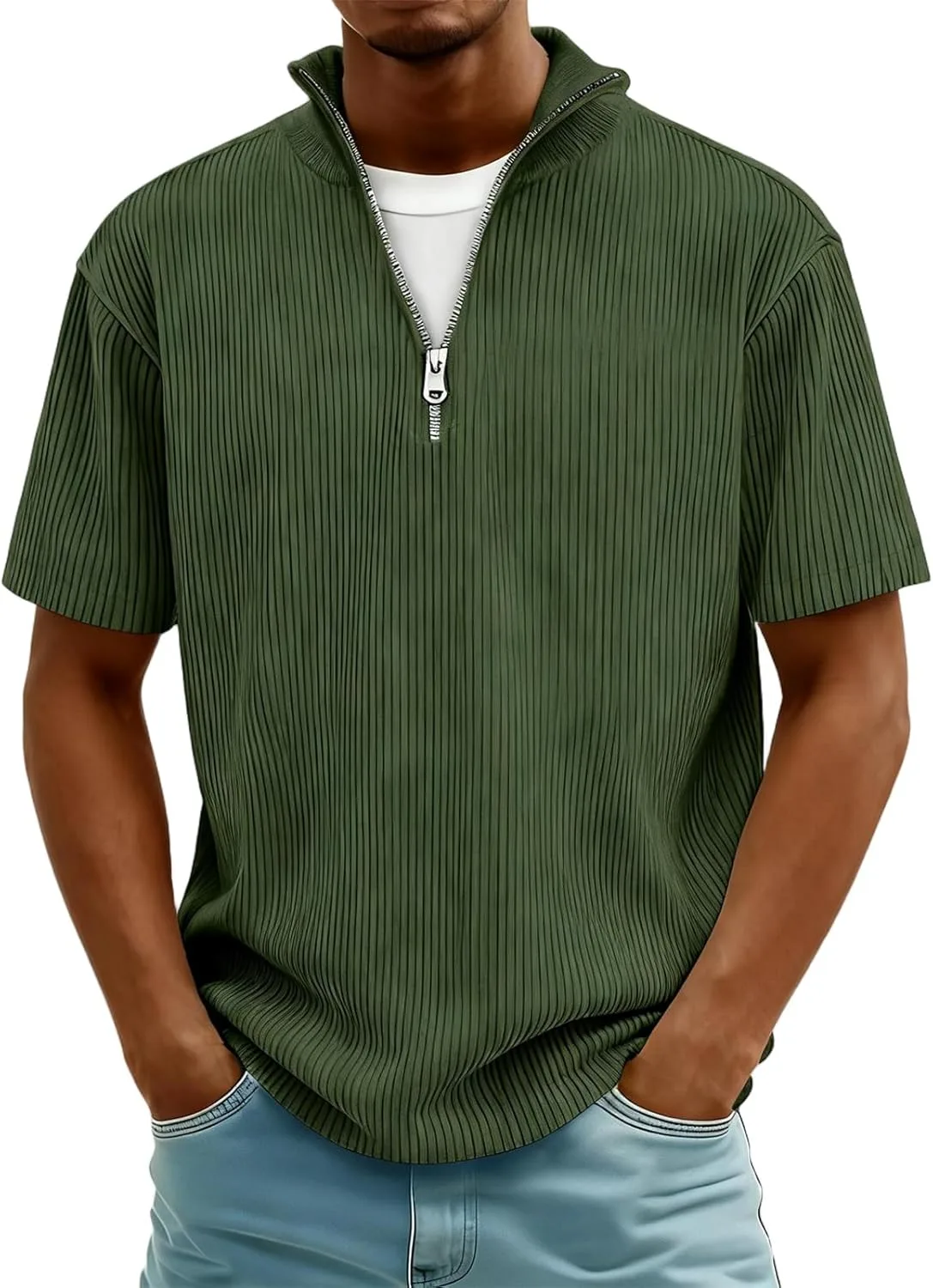 

Короткий поло на молнии из вельвета для мужчин, Slim Fit RODYETQQ