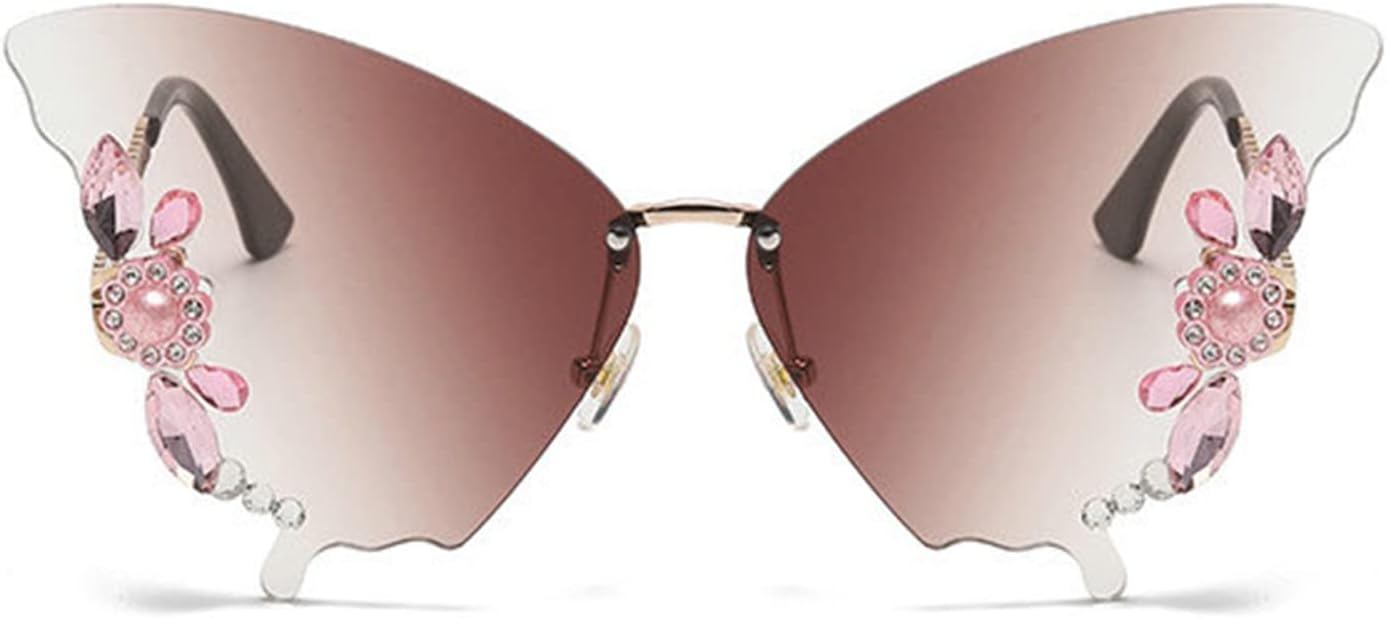 

Willochra Женские солнцезащитные очки без оправы Модные солнцезащитные очки с бабочками и бриллиантами Многоугольная безрамочная модель Солнцезащитные очки для вечеринок Защита от УФ-излучения, Brwon