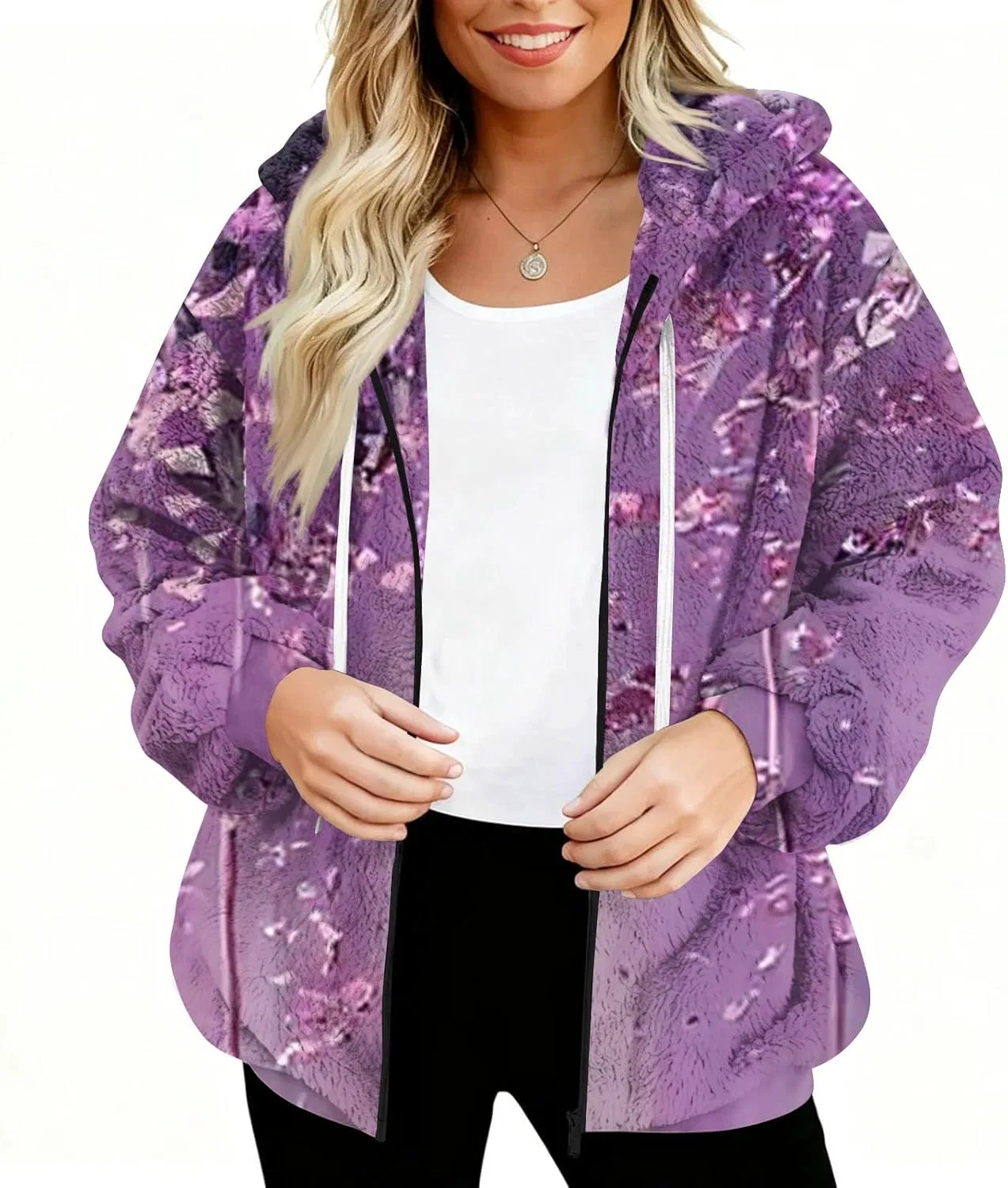 Женская худи на молнии с капюшоном, флисовая, длинный рукав, Purple Pink, универсальный размер — фото 2