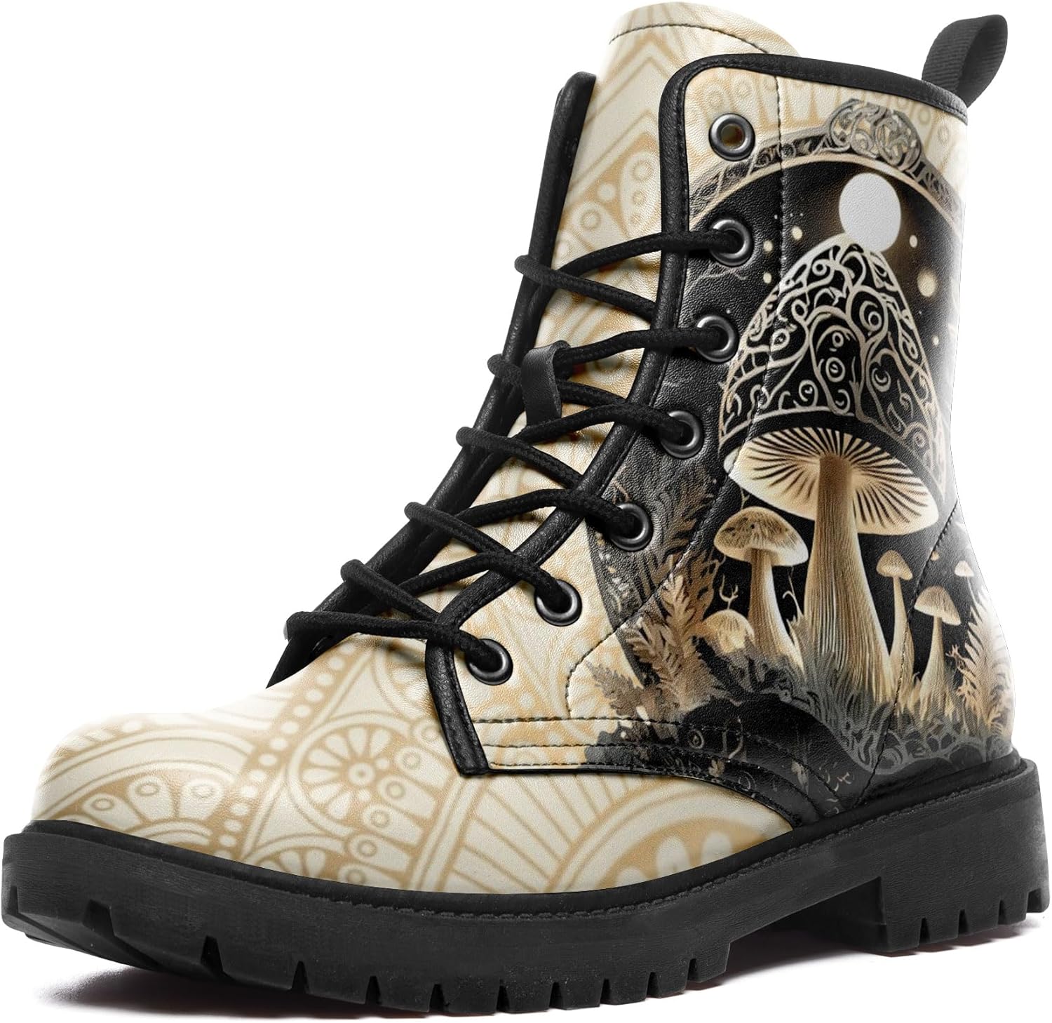 

Женские кожаные боевые ботинки средней длины с шнуровкой, с художественными узорами грибов и цветов для походов и повседневной носки Awsole, черный/бежевый