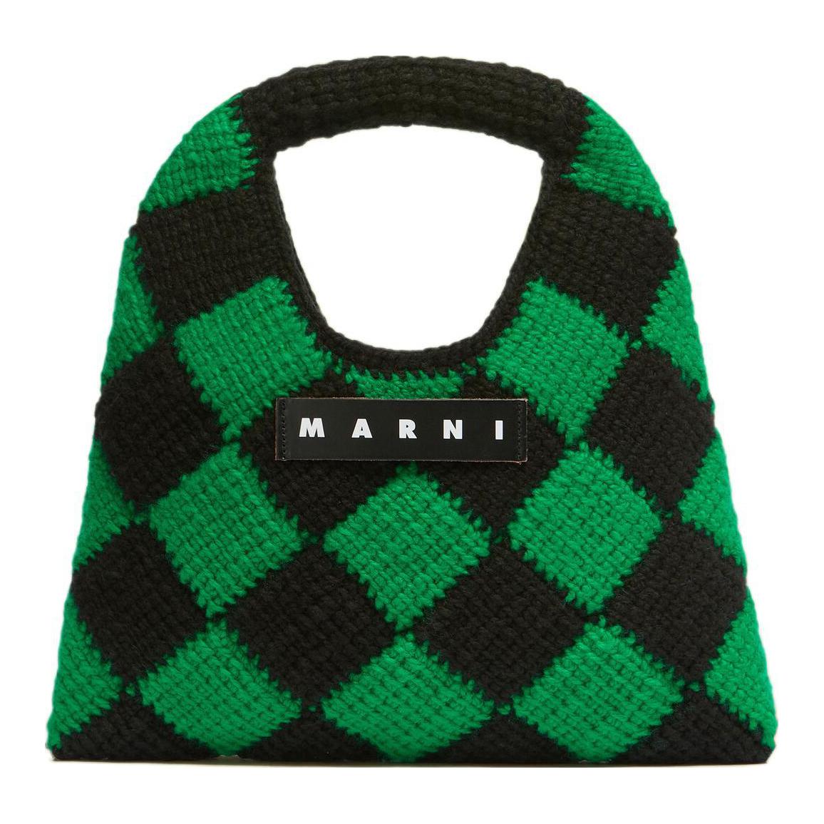 

MARNI Акриловая вязаная сумка-корзинка с кожаными вставками миниатюрная женская зелено-черная