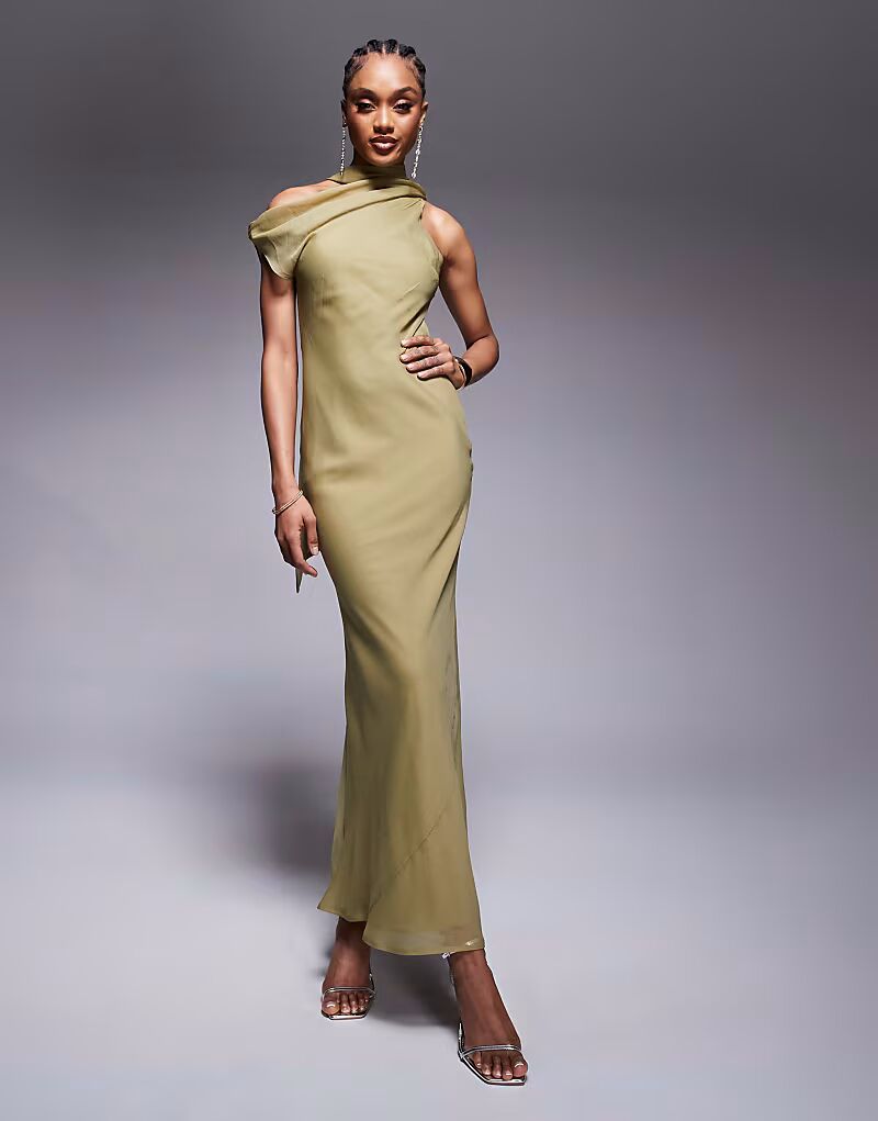 

Длинное платье-шарф с высоким воротом ASOS DESIGN оливково-зеленого цвета ASOS Tall