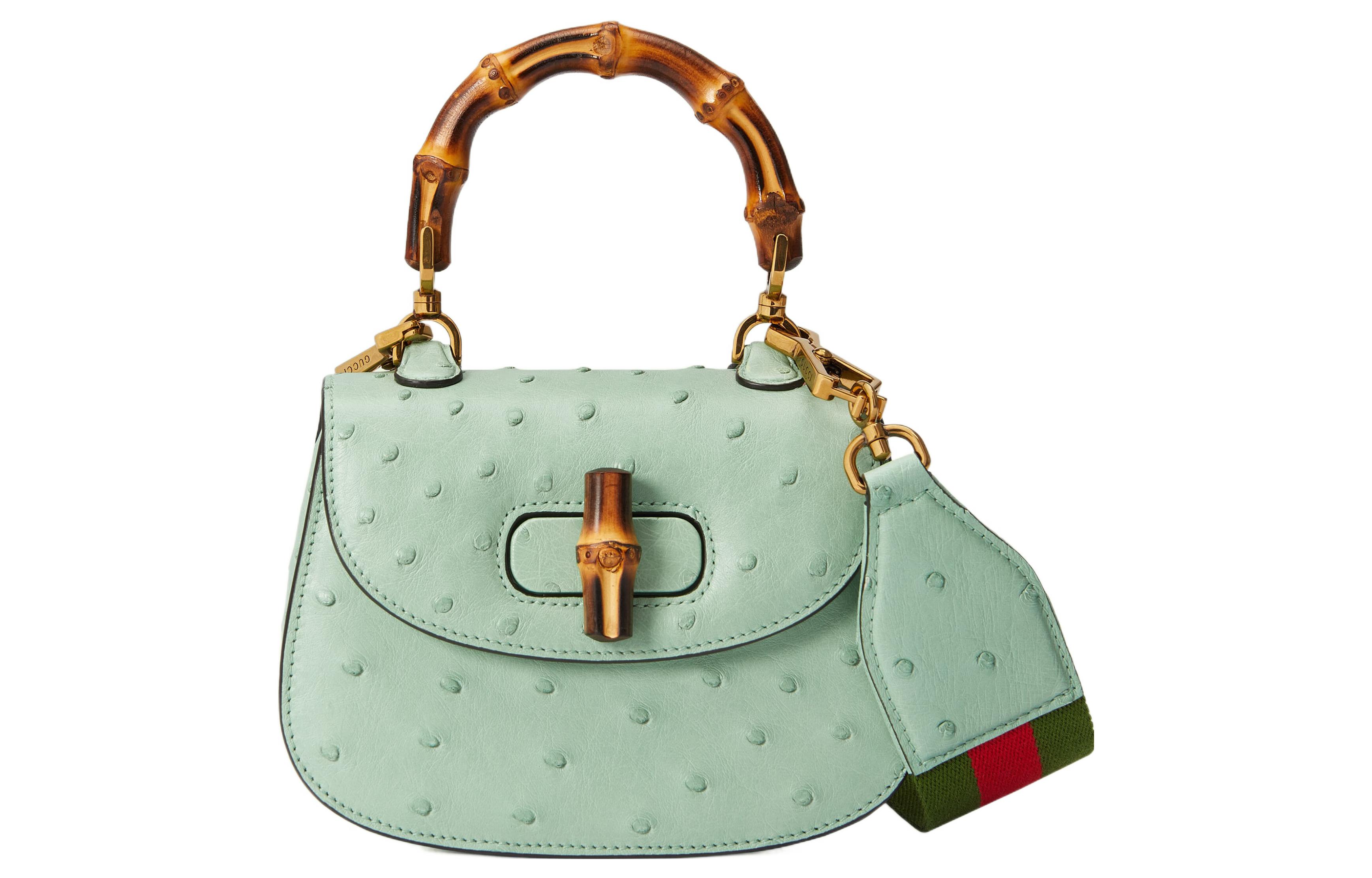 

GUCCI Бамбуковая сумка 1947 из страусиной кожи миниатюрная женская светло-зеленая