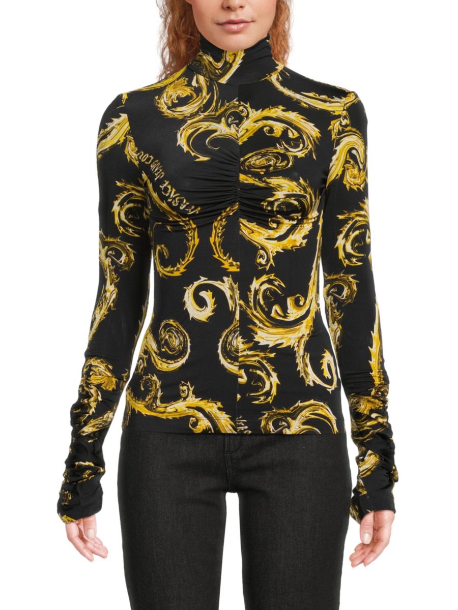 

Топ с принтом барокко и сборками Versace Jeans Couture, цвет Black Gold