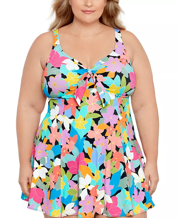 

Купальное платье с контролем живота и бантом на лифе, принтованное, Plus Size Swim Solutions, мультиколор