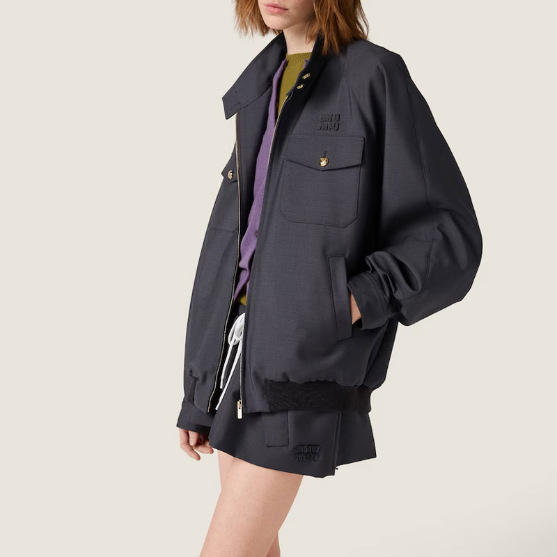 MIU MIU Вышитая логотипом ребристая вязаная куртка, Gray — фото 4