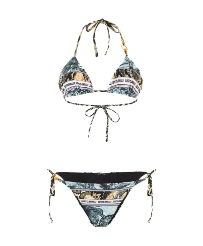 

Бикини с принтом в виде тропических растений и деталями, имитирующими змеиную кожу. Just Cavalli, мультиколор