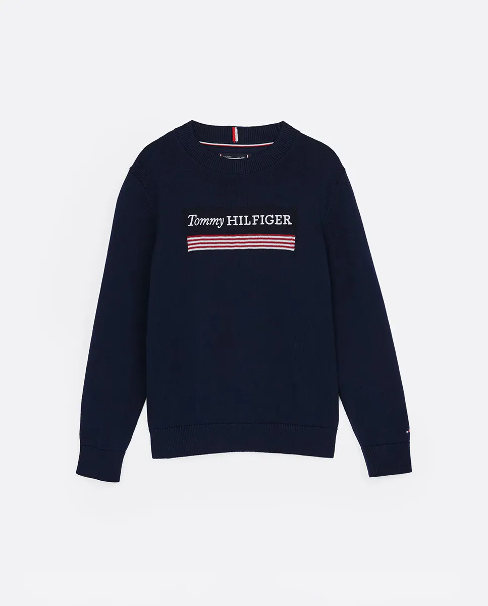 

Свитер с круглым вырезом для мальчика и логотипом спереди Tommy Hilfiger, синий