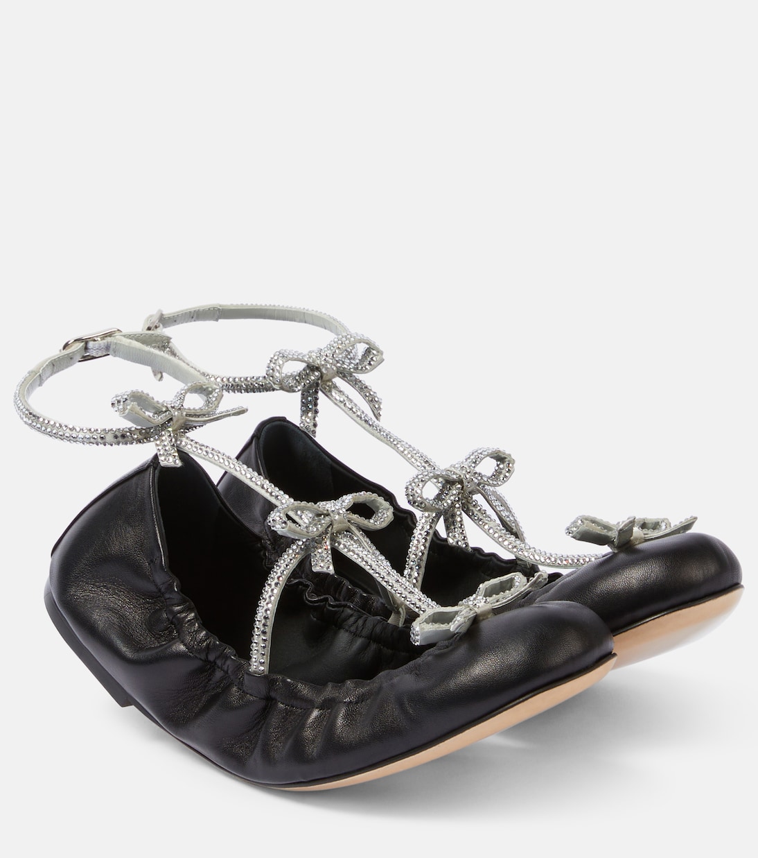 Кожаные балетки Caterina с декором Rene Caovilla, Black Lamb-Grey Satin