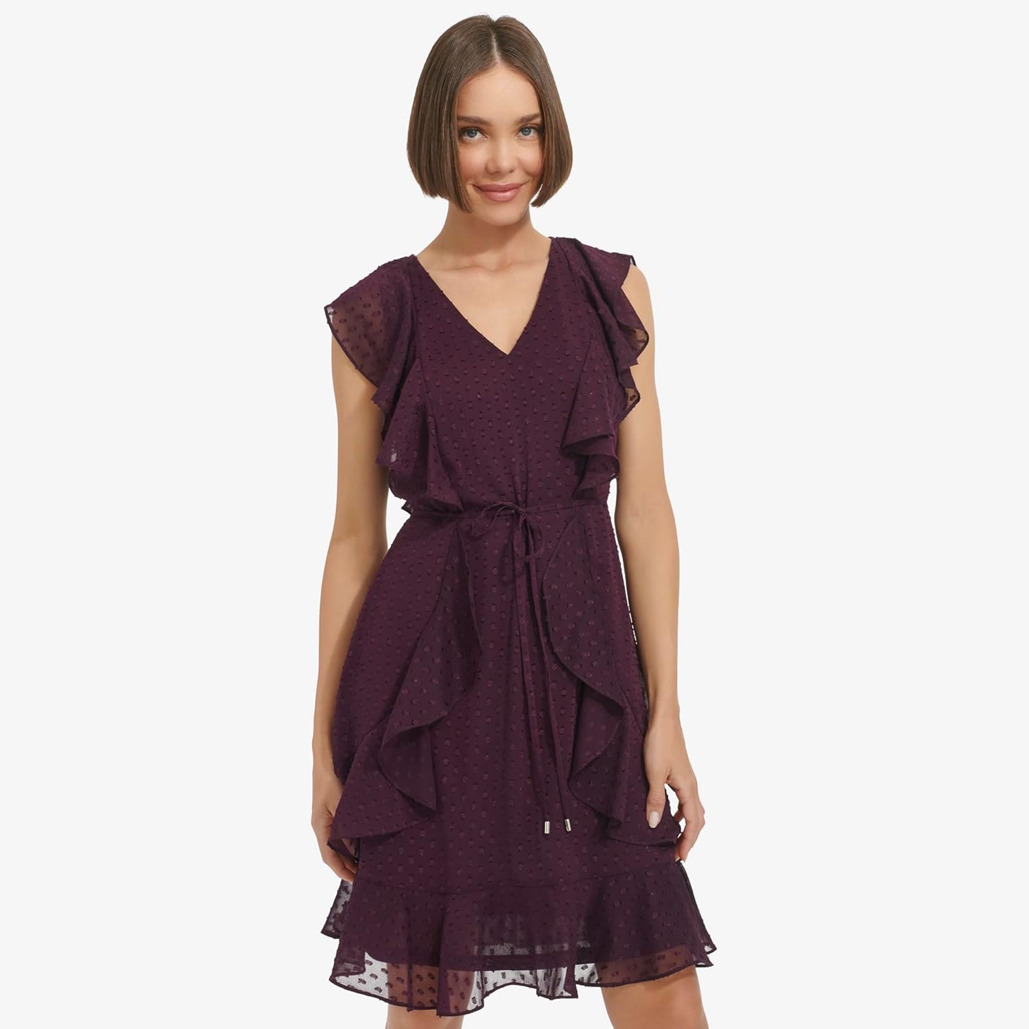 

Женское шифоновое мини-платье Tommy Hilfiger с оборками и завязкой на талии, Aubergine