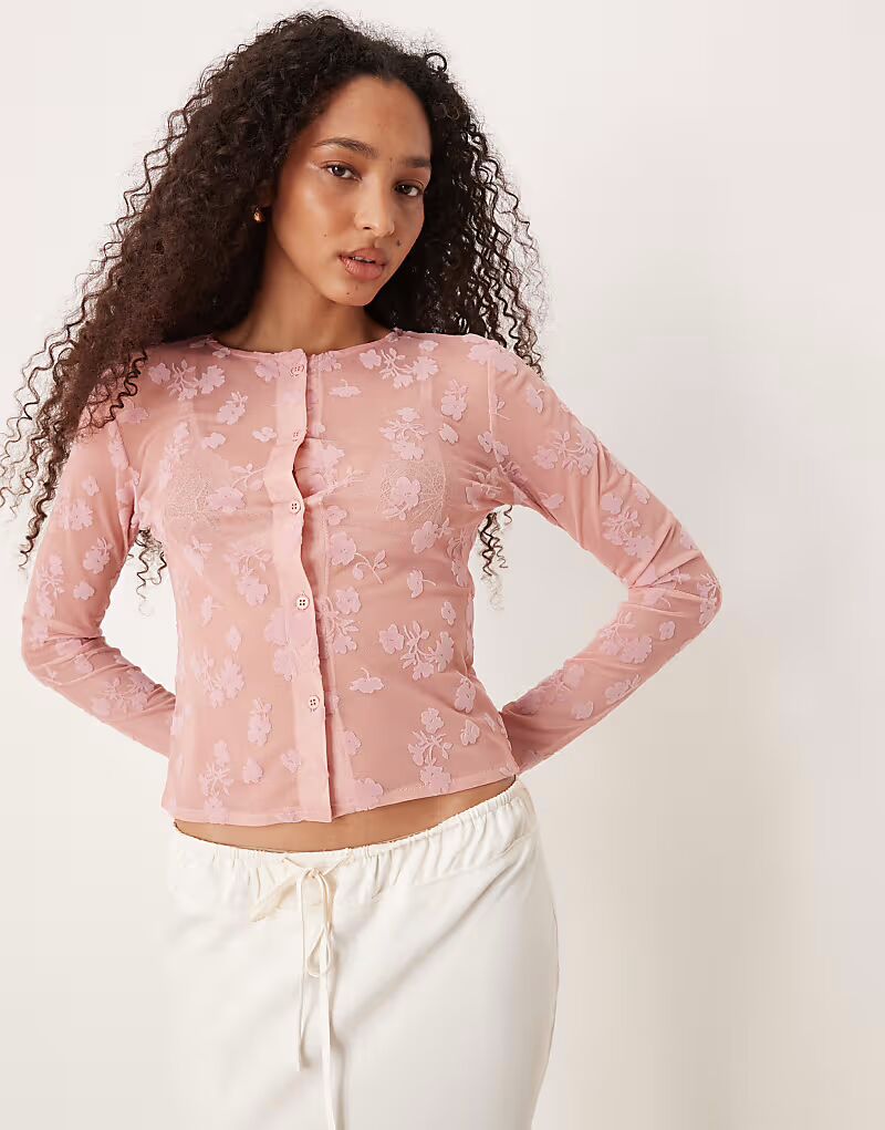 

Укороченный кардиган ASOS DESIGN с флокированной отделкой розового цвета