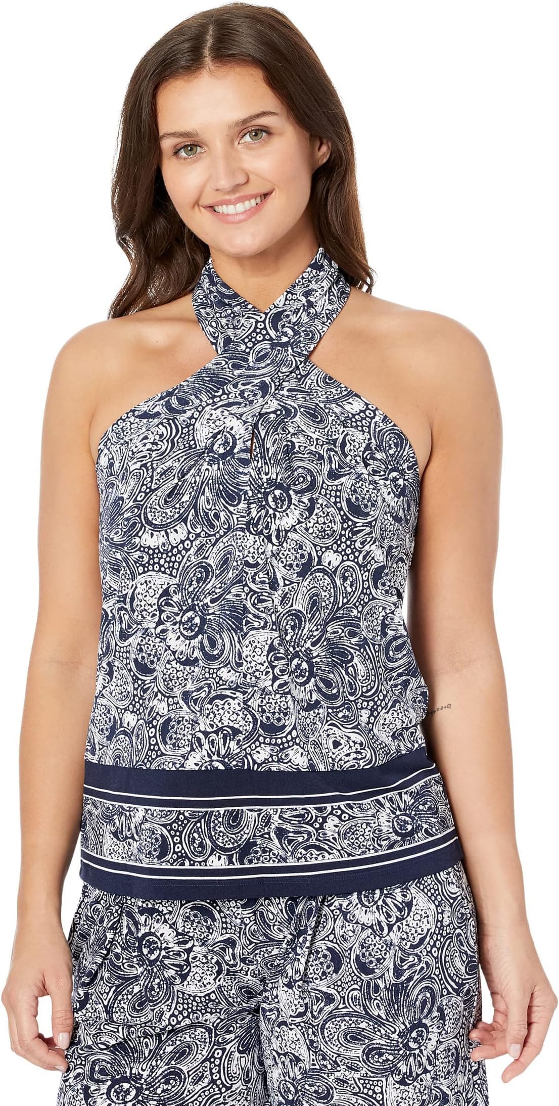 

Топ Michael Kors Petite Border Twist Halter Neck Tank, цвет Midnight Blue