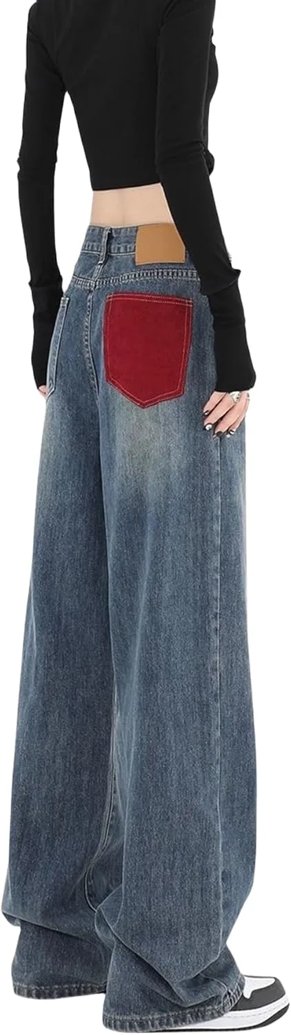 

Женские джинсы Y2K в стиле стрит-фэшн, мешковатые, с красными карманами, высокая талия, широкие Cotoinddy