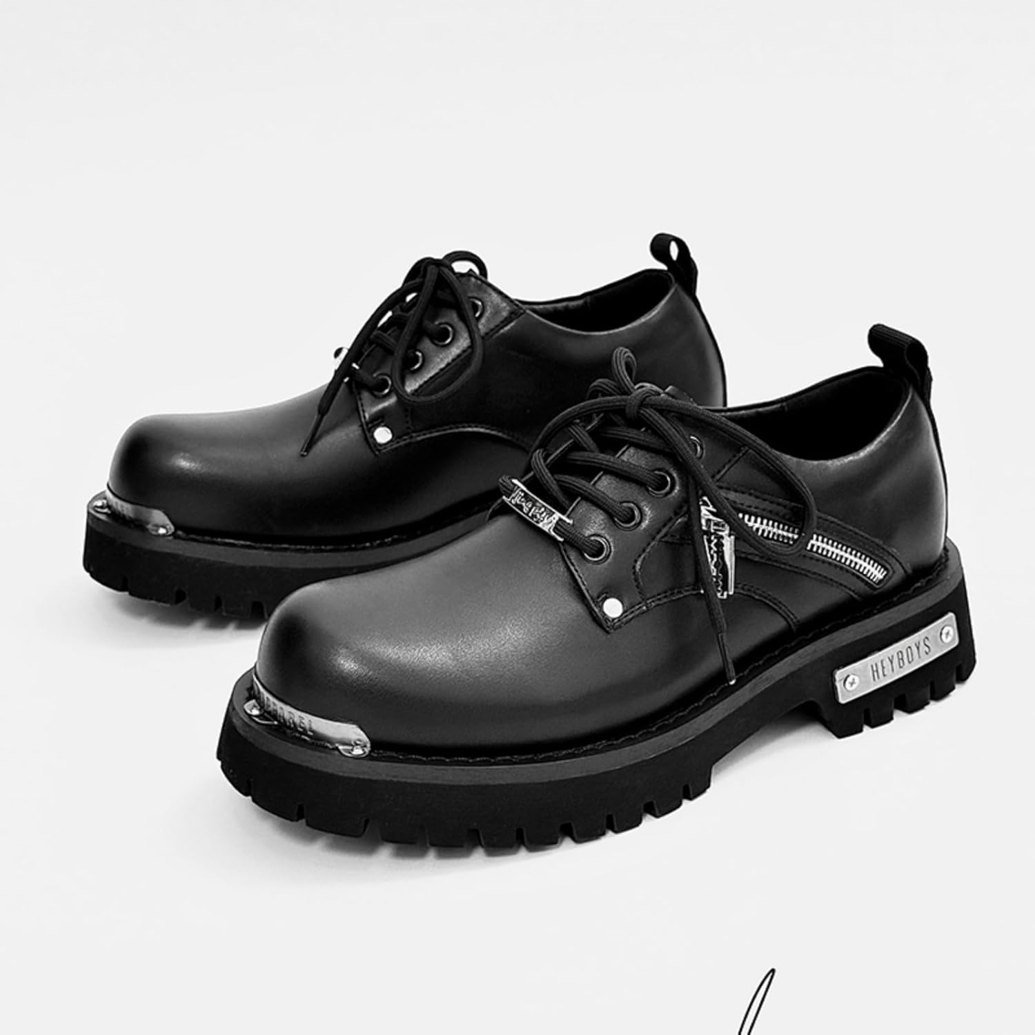 Мужские кожаные лоферы на высоком каблуке, классические с круглым мыском, на шнуровке, деловые туфли с эффектом увеличения роста, с молнией, удобной и нескользящей подошвой, на толстом каблуке Houdbdol, черный — фото 3