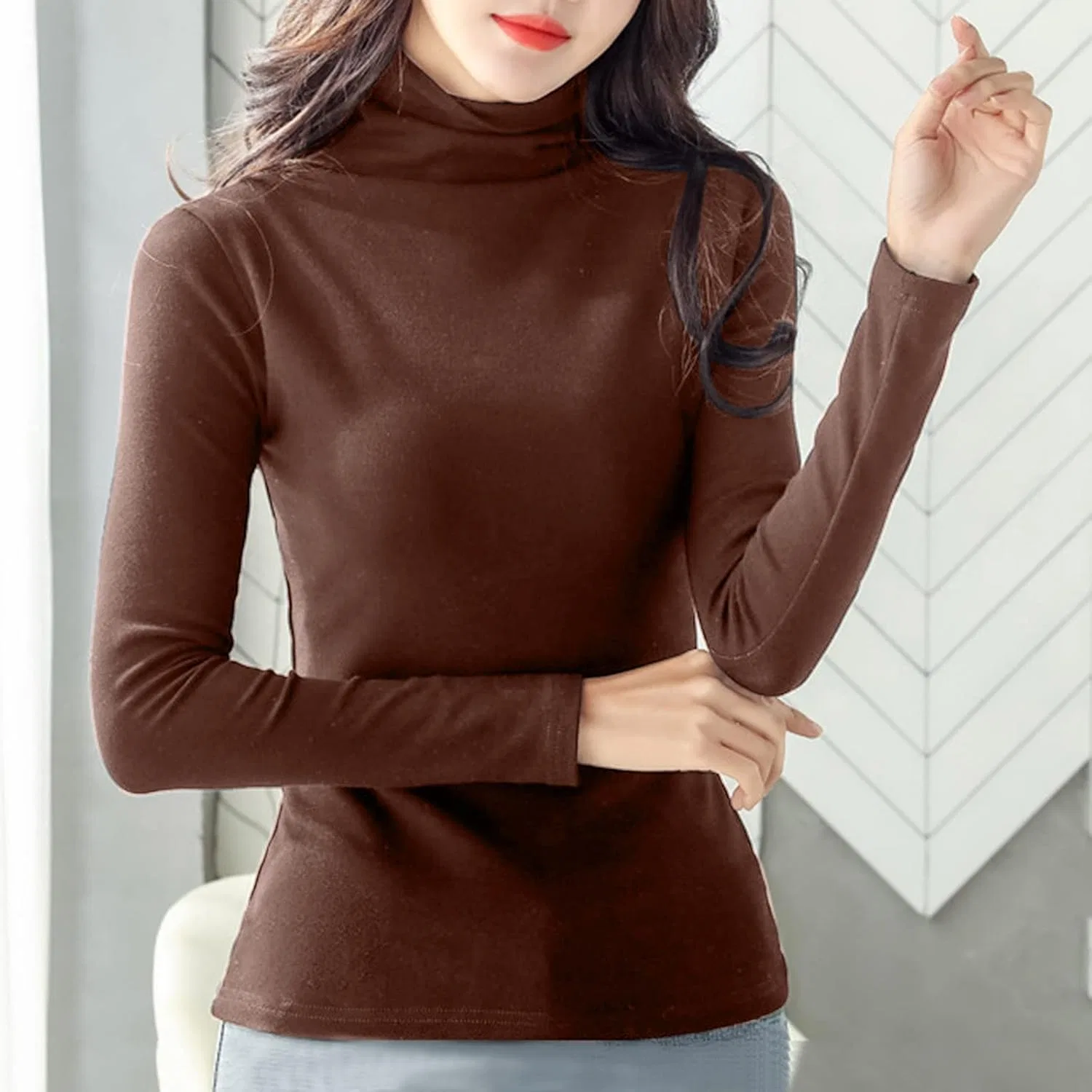 Блуза, женская, Casual, длинный рукав, водолазка, кофейный — фото 4