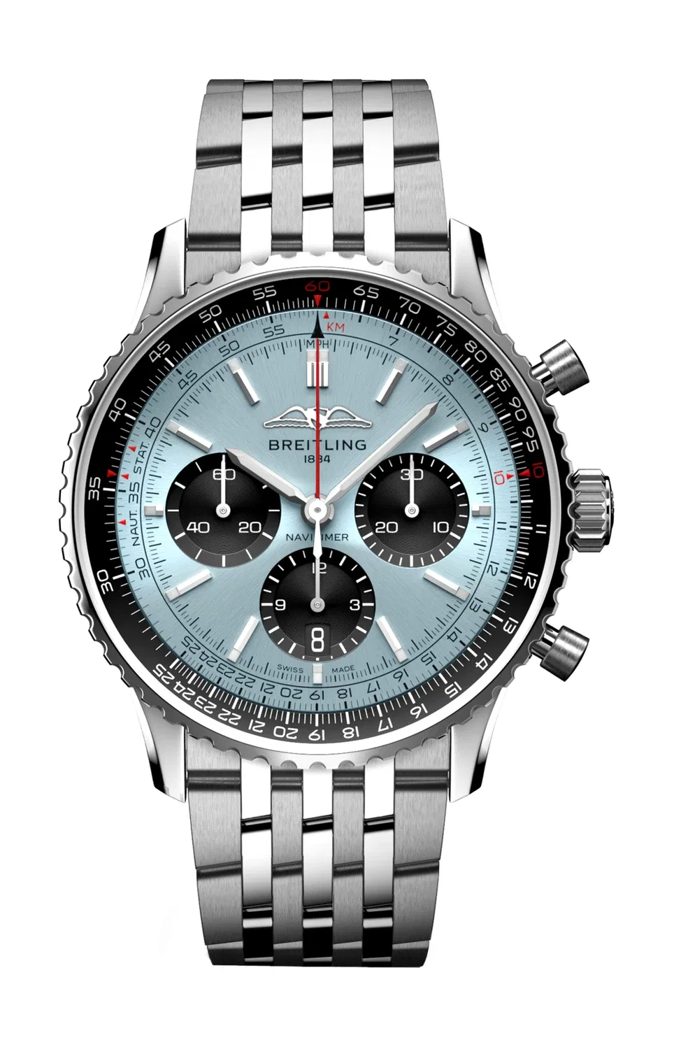 NAVITIMER B01 ХРОНОГРАФ 43, НЕРЖАВЕЮЩАЯ СТАЛЬ - ЛЕДЯНО-СИНИЙ - AB0138241C1A1 BREITLING, серебряный