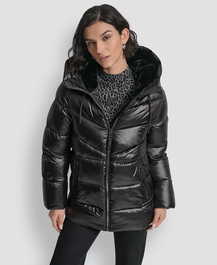 

Женское стеганое пальто Shine с капюшоном DKNY, черный