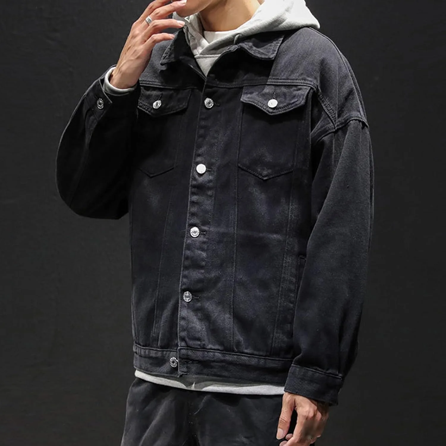 Мужская куртка-джинсовая парка в стиле Slim Fit Trucker, повседневная, состаренная Generic, черный — фото 2