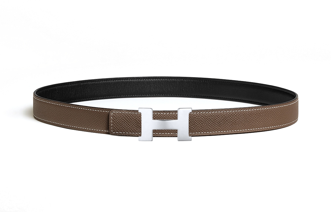 HERMES Кожаный ремень женский черный слоновая кость ширина 2.4 см, Elephant Gray/Black — фото 2