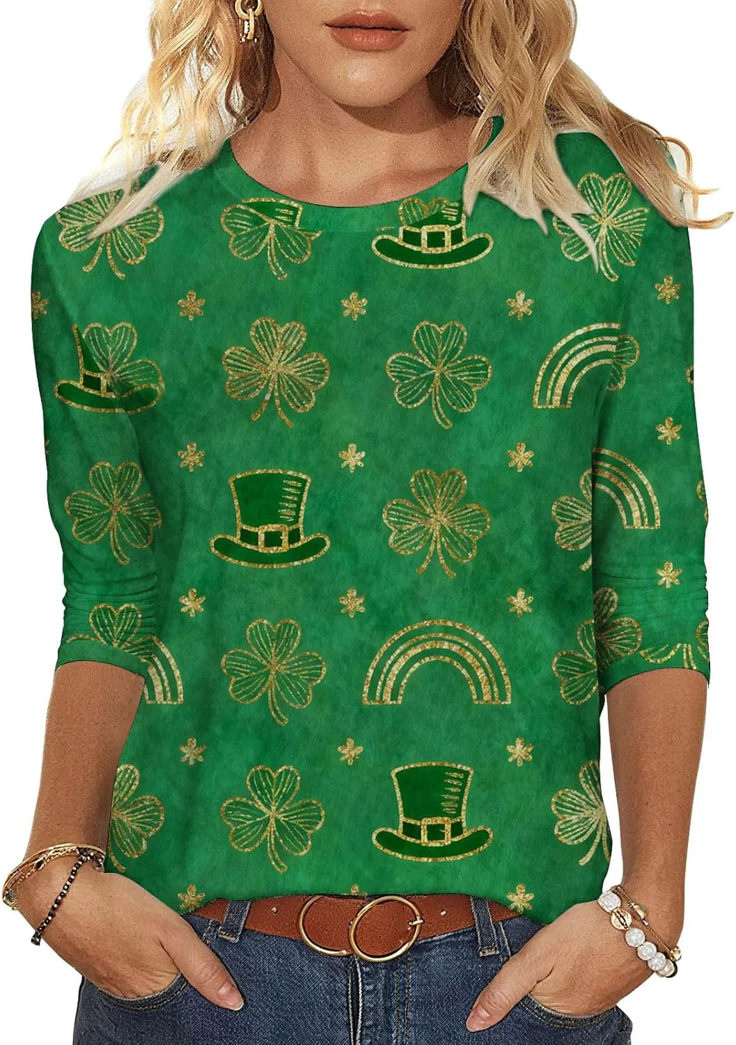 Футболка St Patrick's Day женская повседневная с рукавом 3/4 свободного кроя нарядный кэжуал блузка для работы с круглым вырезом милая с принтом Generic, мультиколор